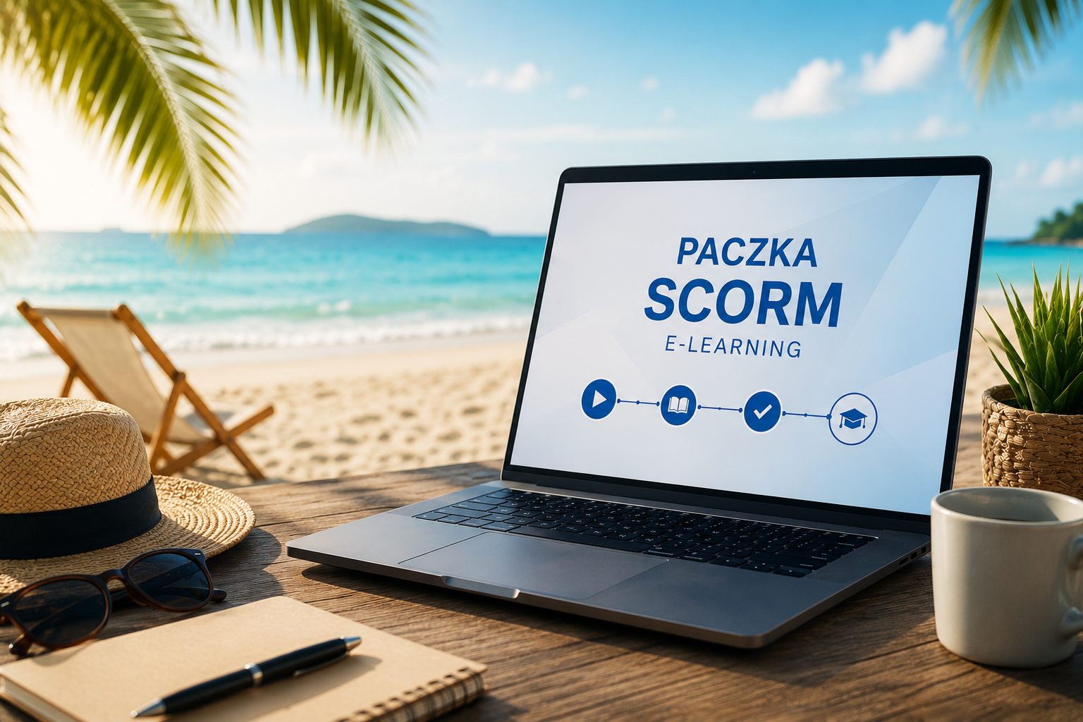 wakacyjna grafika promująca promocje na szkolenia w paczce SCORM